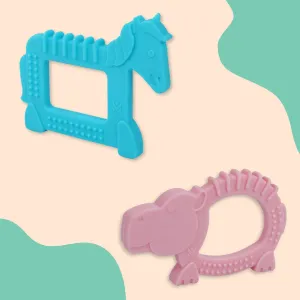 Baby Moo Soothing Silicon Teether BPA And Toxin Free Pack of 2 - Unicorn Blue And Hippo Pink