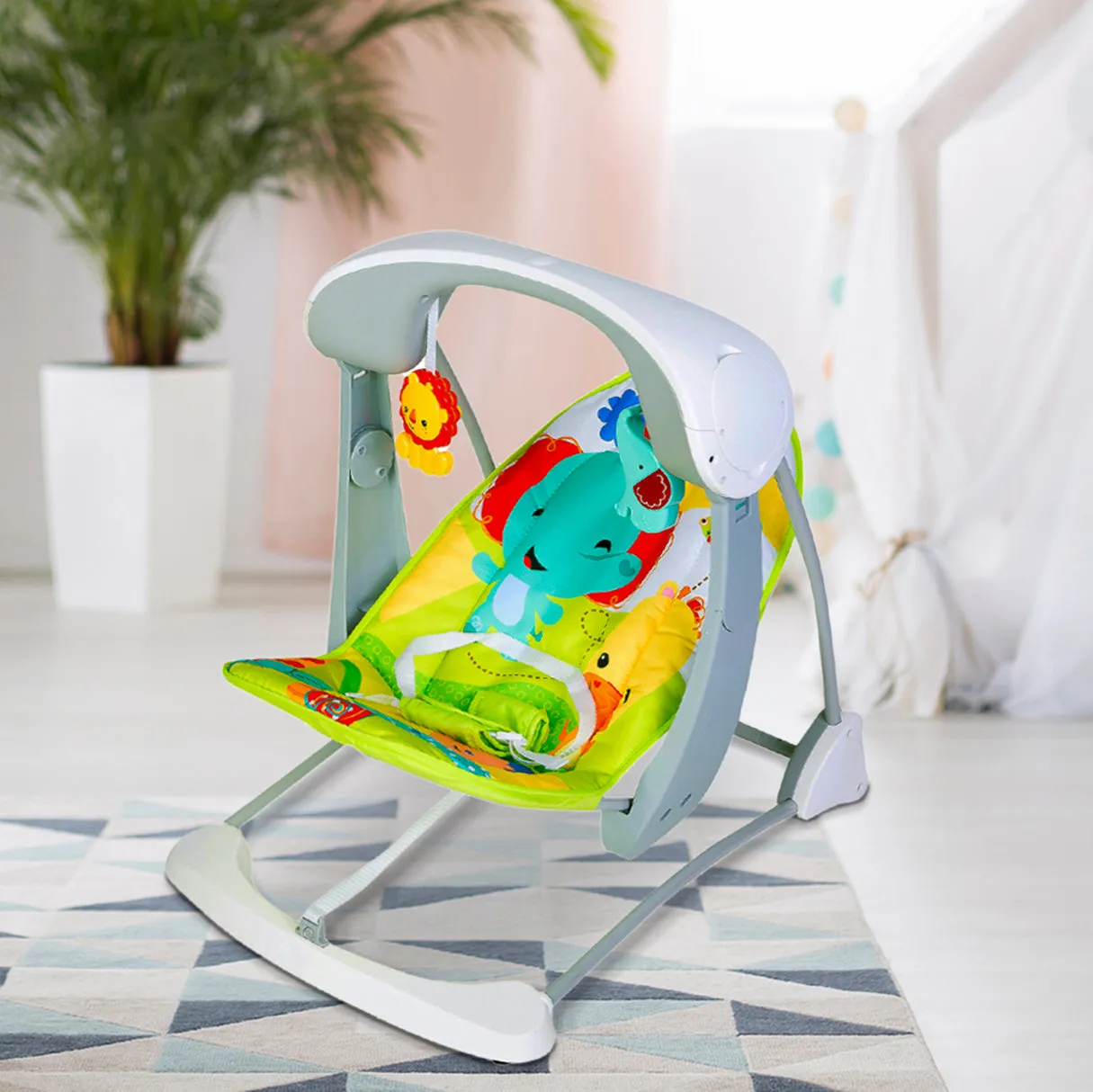 Bright Stars Foldable Musical Comfortable Swing Jungle Print Green