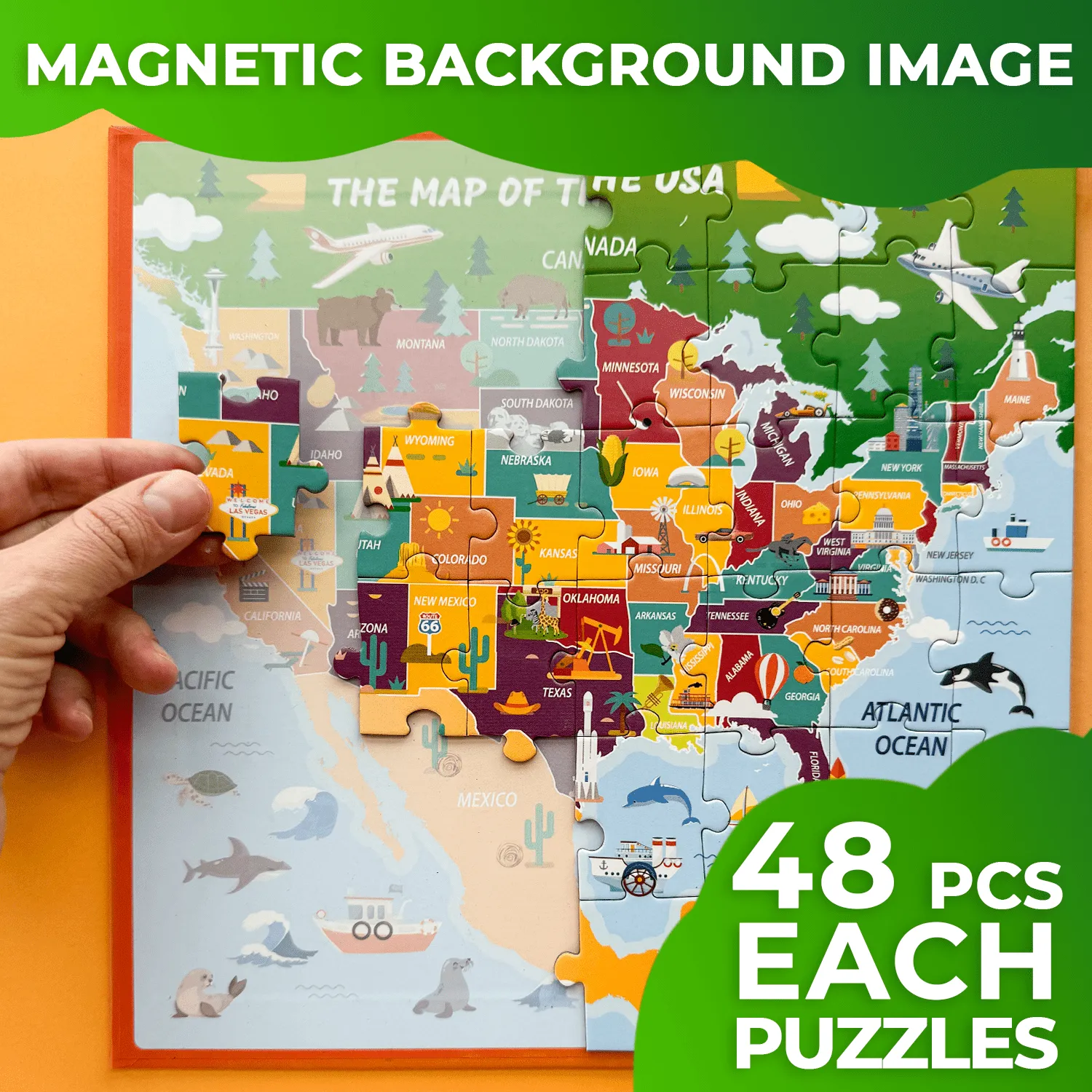 Magnetic Book 2x48 Pcs Puzzles for Kids | Maps USA & World