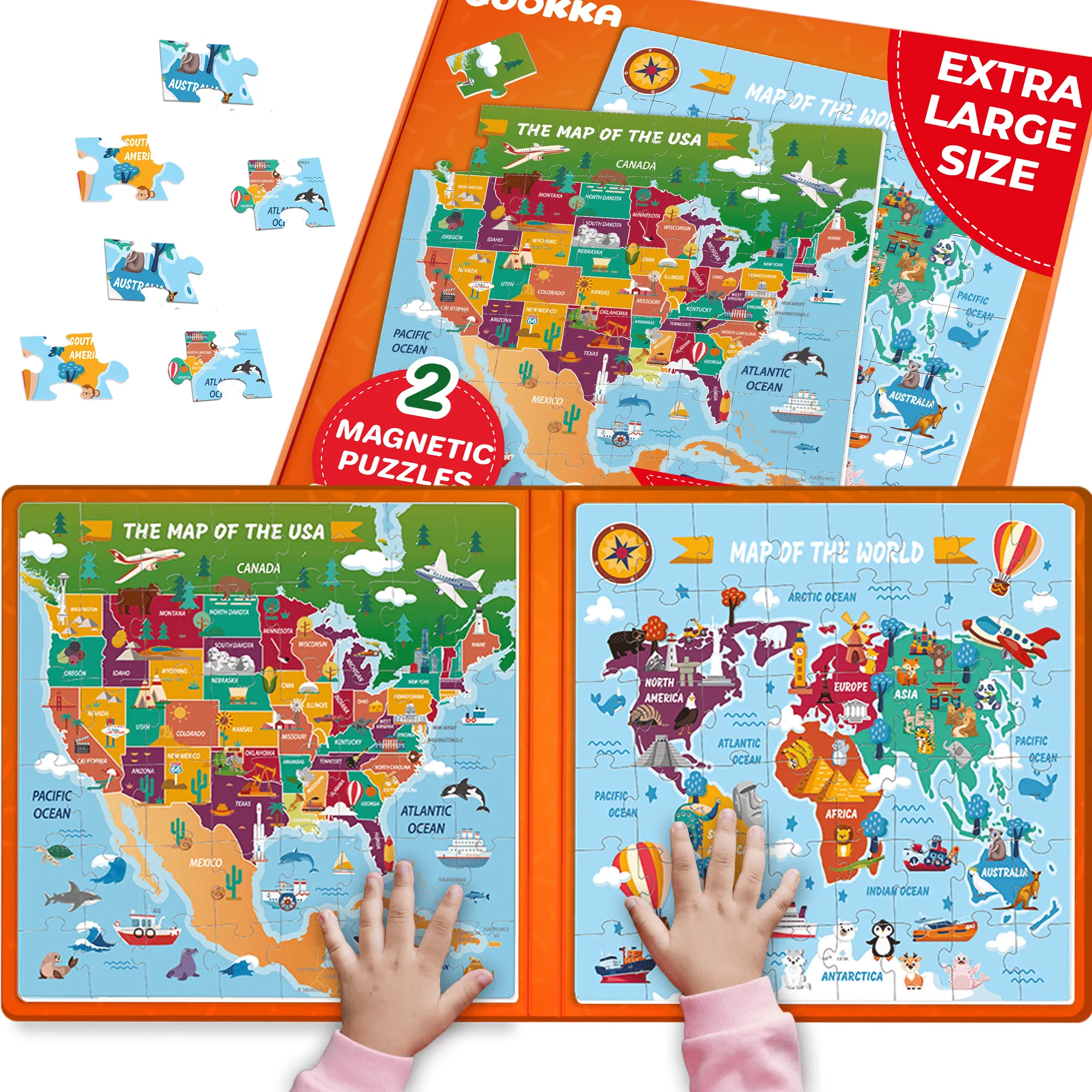 Magnetic Book 2x48 Pcs Puzzles for Kids | Maps USA & World